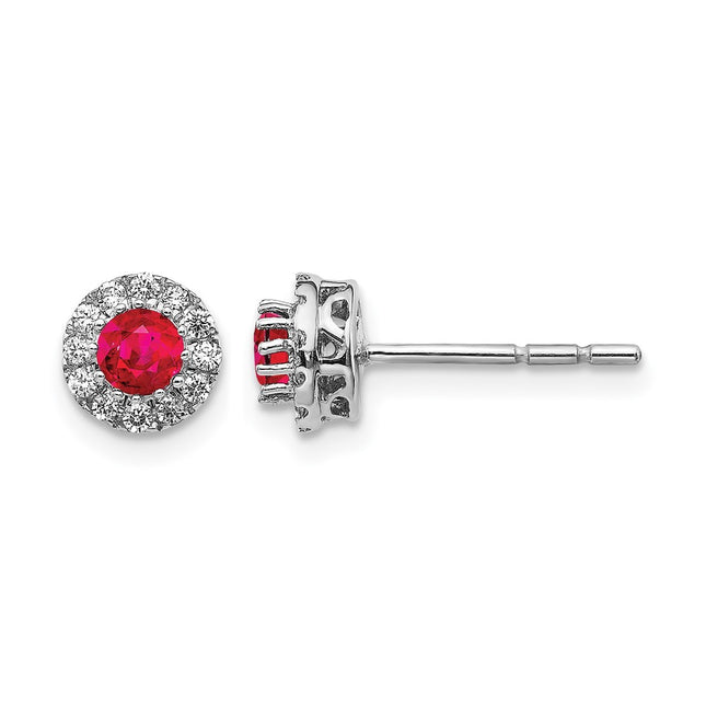 14k White Gold Diamond and Ruby Halo Post Earrings, 7 x 7mm