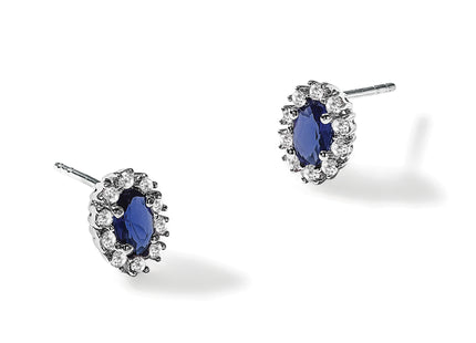 14k White Gold Diamond and Sapphire Oval Halo Earrings