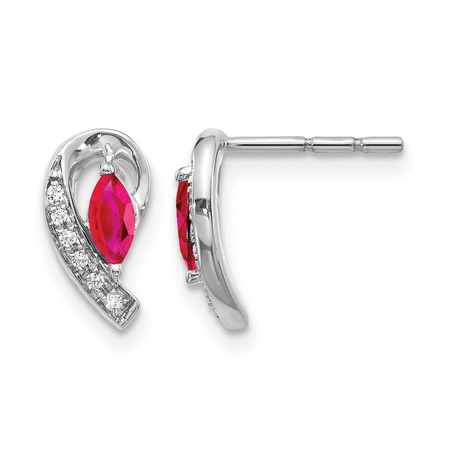14k White Gold Diamond and Ruby Earrings, 10 x 4mm