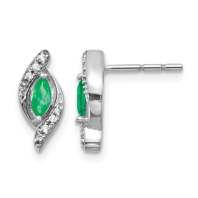 14k White Gold 1/ Diamond and Emerald Earrings, 13 x 5mm