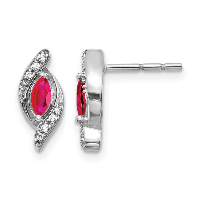 14k White Gold Diamond and Ruby Earrings, 12 x 5mm