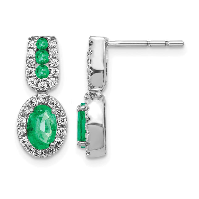 14k White Gold 1/ Diamond and Emerald Earrings, 17 x 7mm