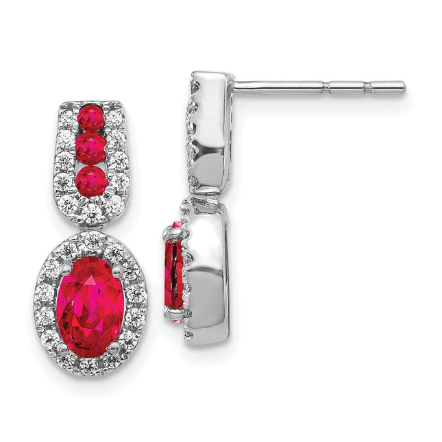 14k White Gold Diamond and Ruby Earrings, 17 x 7mm
