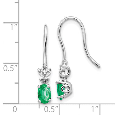 14K White Gold 1/ Diamond and Oval Emerald Dangle Earrings