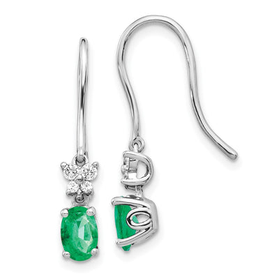 14K White Gold 1/ Diamond and Oval Emerald Dangle Earrings