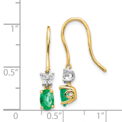 14K Two-tone 1/ Diamond and Oval Emerald Shepherd Hook Earrings