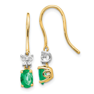 14K Two-tone 1/ Diamond and Oval Emerald Shepherd Hook Earrings