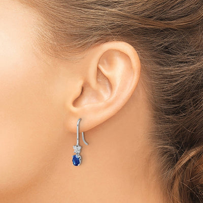 14K White Gold Diamond and Oval Sapphire Shepherd Hook Earrings