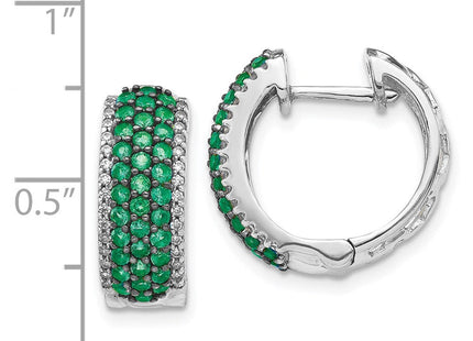 14k White Gold Diamond and Emerald Hinged Hoop Earrings (Style EM5602-EM-025-WA)