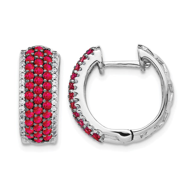 14k White Gold Diamond and Ruby Hinged Hoop Earrings, 17 x 18mm