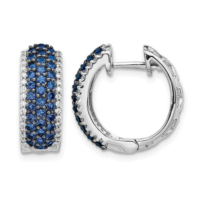 14K White Gold Diamond and Sapphire Hinged Hoop Earrings, 17 x 18mm