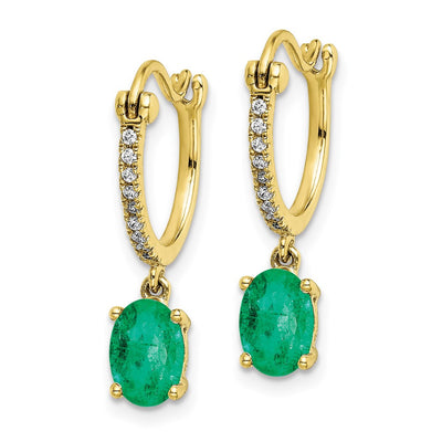 14K 1/10 carat Diamond and Emerald Dangle Hoop Earrings