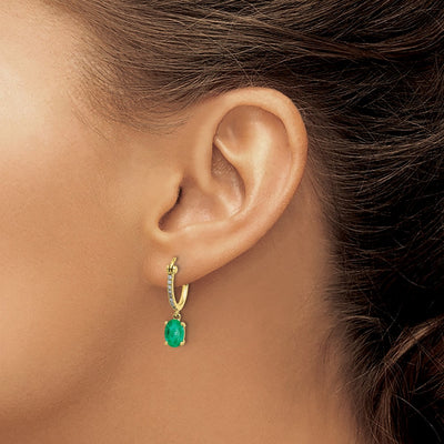 14K 1/10 carat Diamond and Emerald Dangle Hoop Earrings