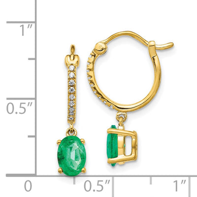 14K 1/10 carat Diamond and Emerald Dangle Hoop Earrings