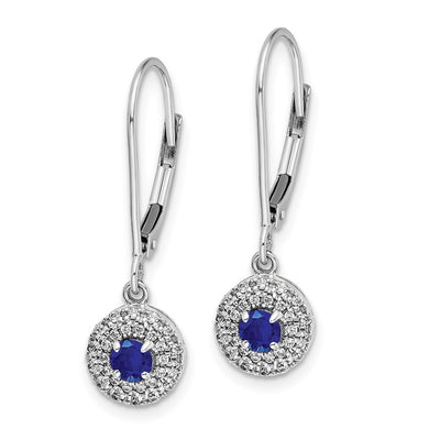 14K White Gold Diamond Halo Sapphire Leverback Dangle Earrings