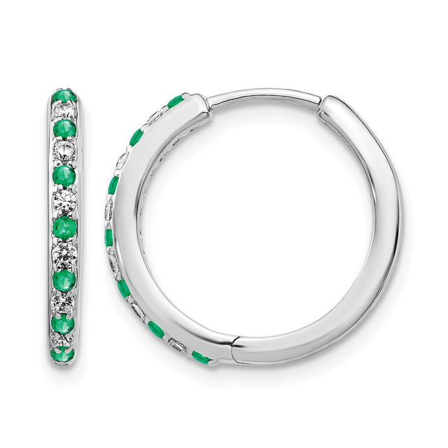 14k White Gold Diamond and Emerald Hinged Hoop Earrings, 18 x 19mm