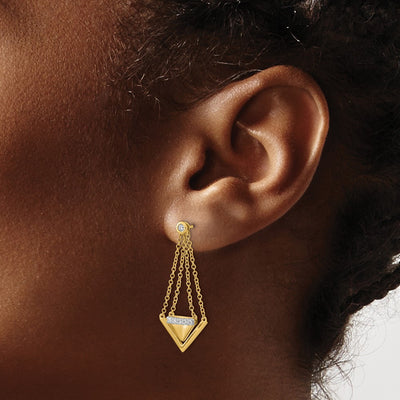 14K Satin/Polished Diamond Triangle Chain Dangle Post Earrings