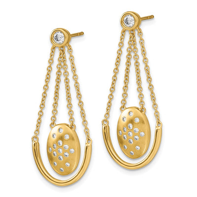 14K Satin/Polished Diamond Oval w/Chain Dangle Post Earrings