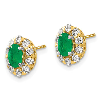 14K Oval Emerald and Diamond Halo Post Earrings