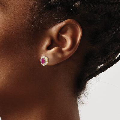 14K Oval Ruby and Diamond Halo Post Earrings