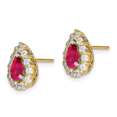 14K Pear Ruby and Diamond Halo Post Earrings