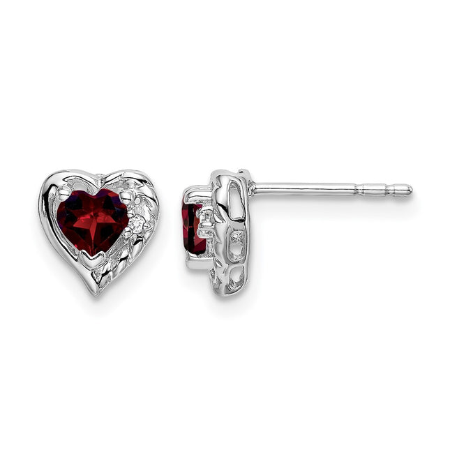 14k White Gold Garnet and Diamond Heart Earrings, 7.4 x 7.2mm