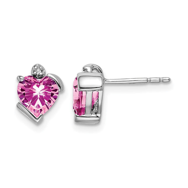 14k White Gold Created Pink Sapphire and Diamond Heart Earrings, 8.6 x 6.6mm