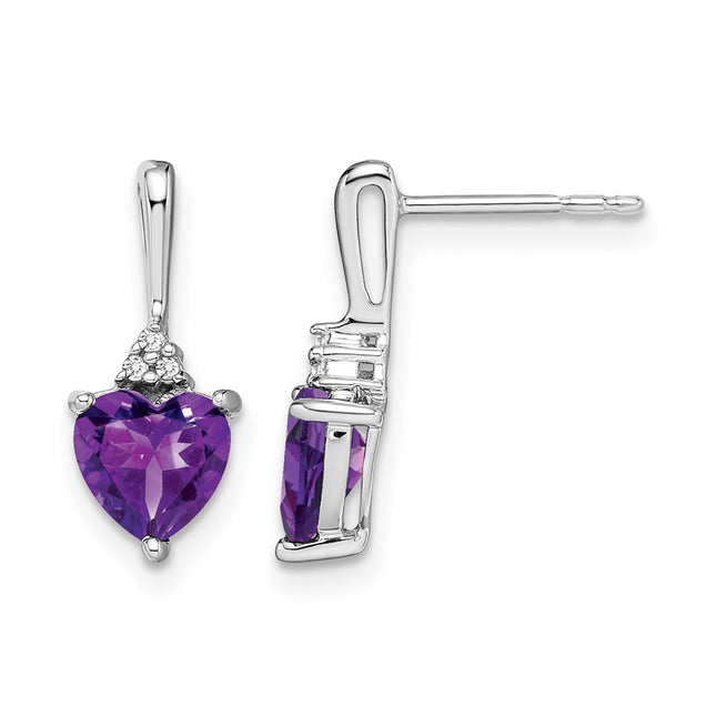 14k White Gold Amethyst and Diamond Heart Earrings, 15.7 x 6.7mm