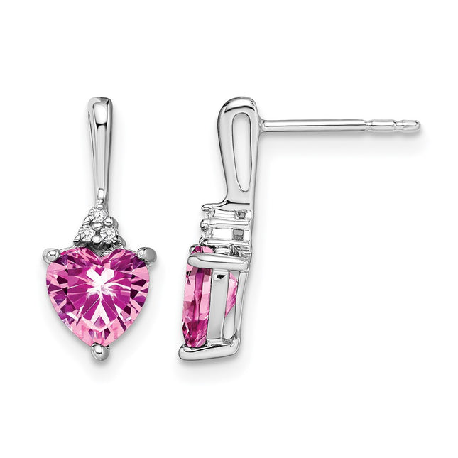 14k White Gold Created Pink Sapphire and Diamond Heart Earrings, 15.7 x 6.7mm