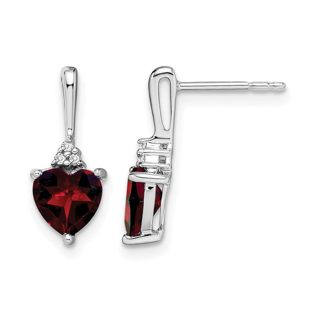 14k White Gold Garnet and Diamond Heart Earrings, 15.7 x 6.7mm