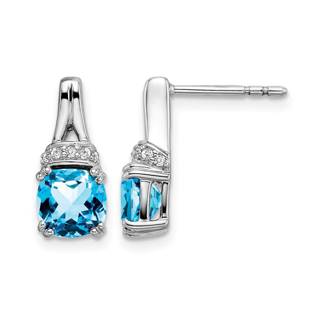 14k White Gold Blue Topaz and Diamond Earrings, 13.8 x 6.25mm