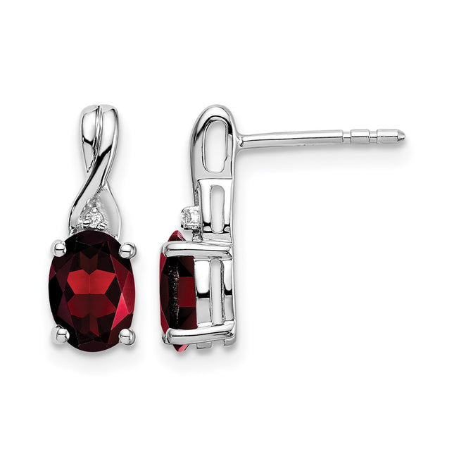 14k White Gold Oval Garnet and Diamond Earrings, 14.5 x 5.2mm