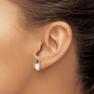 14K White Gold Created Opal and Amethyst Heart Earrings