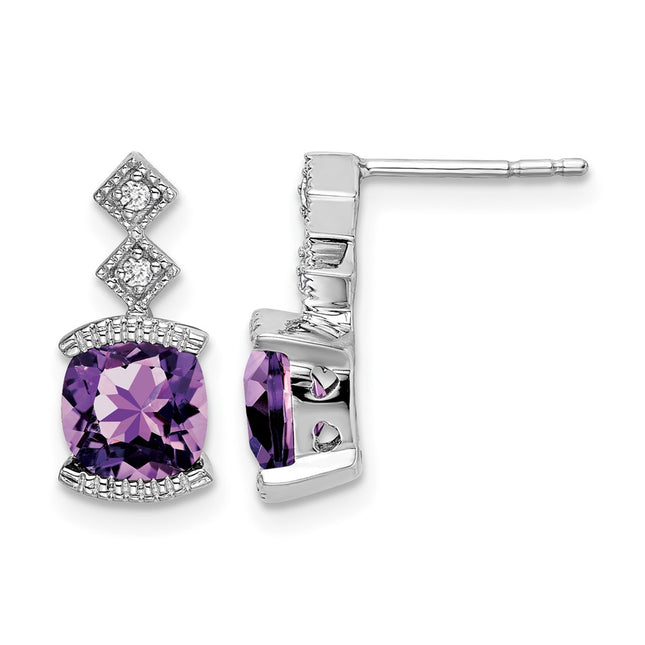 14k White Gold Amethyst and Diamond Earrings, 14.4 x 6.5mm