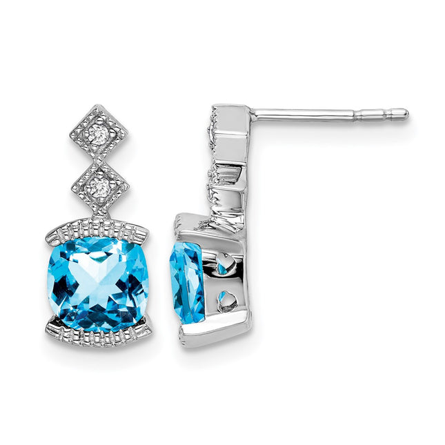 14k White Gold Blue Topaz and Diamond Earrings, 14.4 x 6.5mm