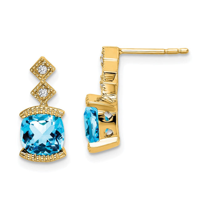 14K Blue Topaz and Diamond Earrings, 13.6 x 5.25mm