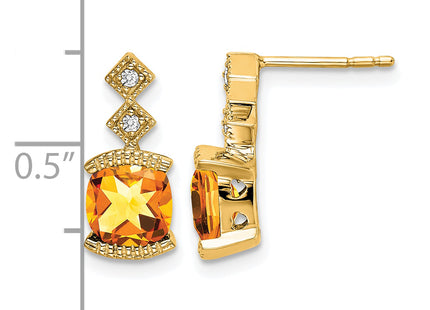 14k Citrine and Diamond Earrings, 14.4 x 6.5mm