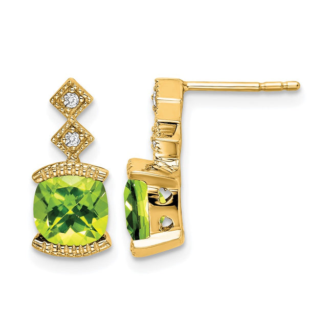 14k Peridot and Diamond Earrings, 14.4 x 6.5mm