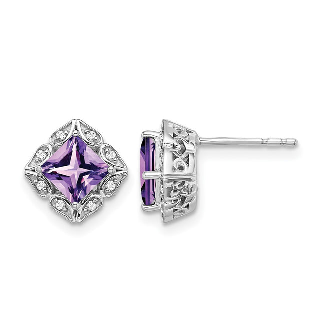 14k White Gold Square Amethyst and Diamond Earrings, 8.25 x 8.25mm