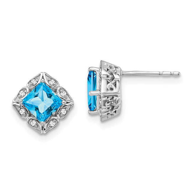 14k White Gold Square Blue Topaz and Diamond Earrings, 8.25 x 8.25mm