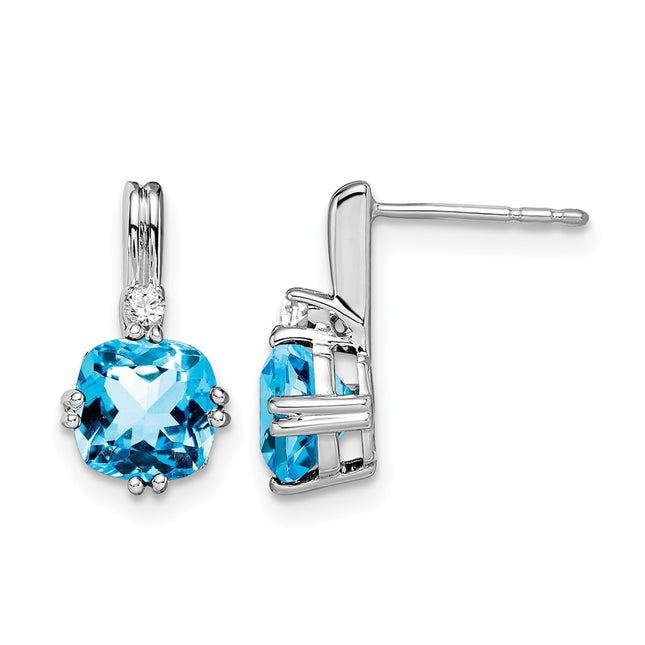 14k White Gold Cushion Blue Topaz and Diamond Earrings, 13.75 x 7.3mm