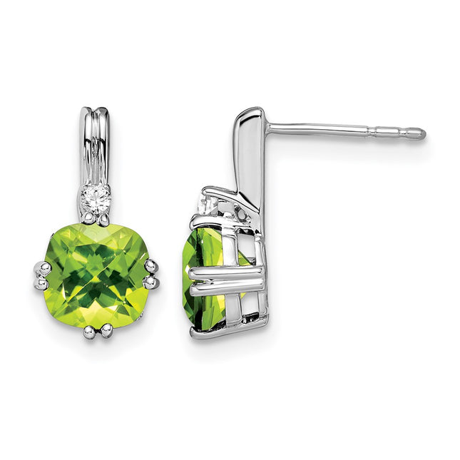 14K White Gold Cushion Peridot and Diamond Earrings, 13.75 x 7.3mm