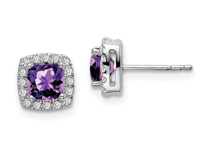 14k White Gold Cushion Amethyst and Diamond Halo Earrings (Style EM7084-AM-019-WA)