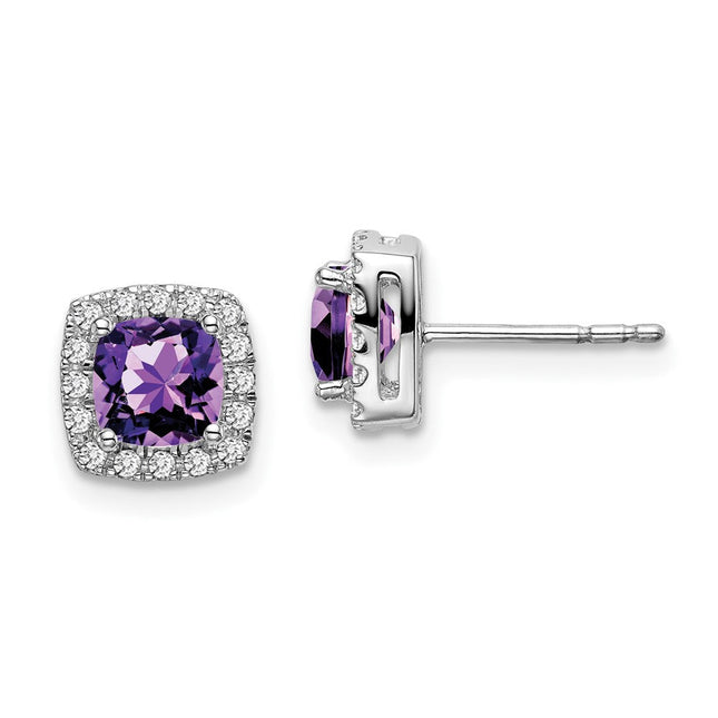 14k White Gold Cushion Amethyst and Diamond Halo Earrings, 7.8 x 7.8mm