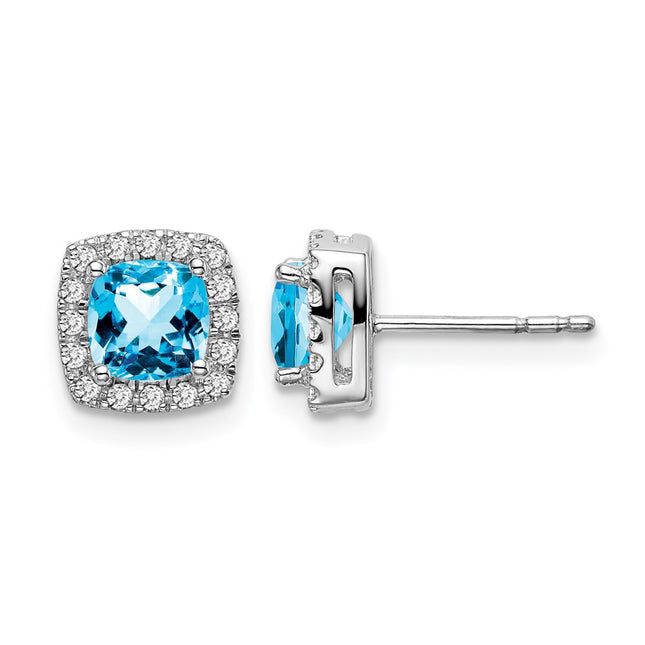 14k White Gold Cushion Blue Topaz and Diamond Halo Earrings, 7.8 x 7.8mm