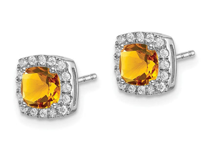 14k White Gold Cushion Citrine and Diamond Halo Earrings (Style EM7084-CI-019-WA)