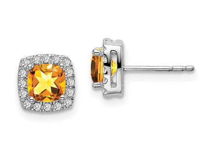 14k White Gold Cushion Citrine and Diamond Halo Earrings (Style EM7084-CI-019-WA)