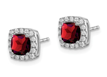 14k White Gold Cushion Garnet and Diamond Halo Earrings (Style EM7084-GA-019-WA)