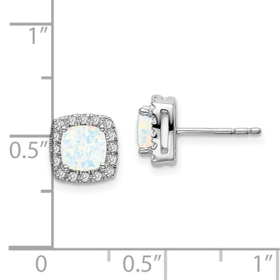 14K White Gold Cushion Created Opal and Diamond Halo Earrings