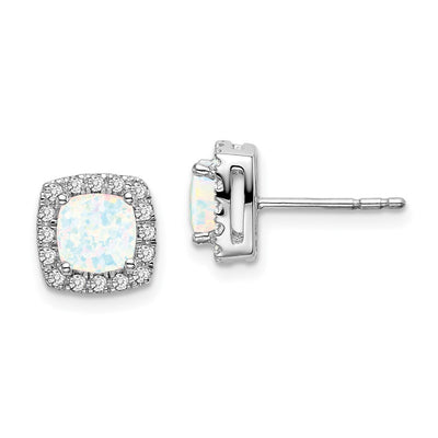 14K White Gold Cushion Created Opal and Diamond Halo Earrings